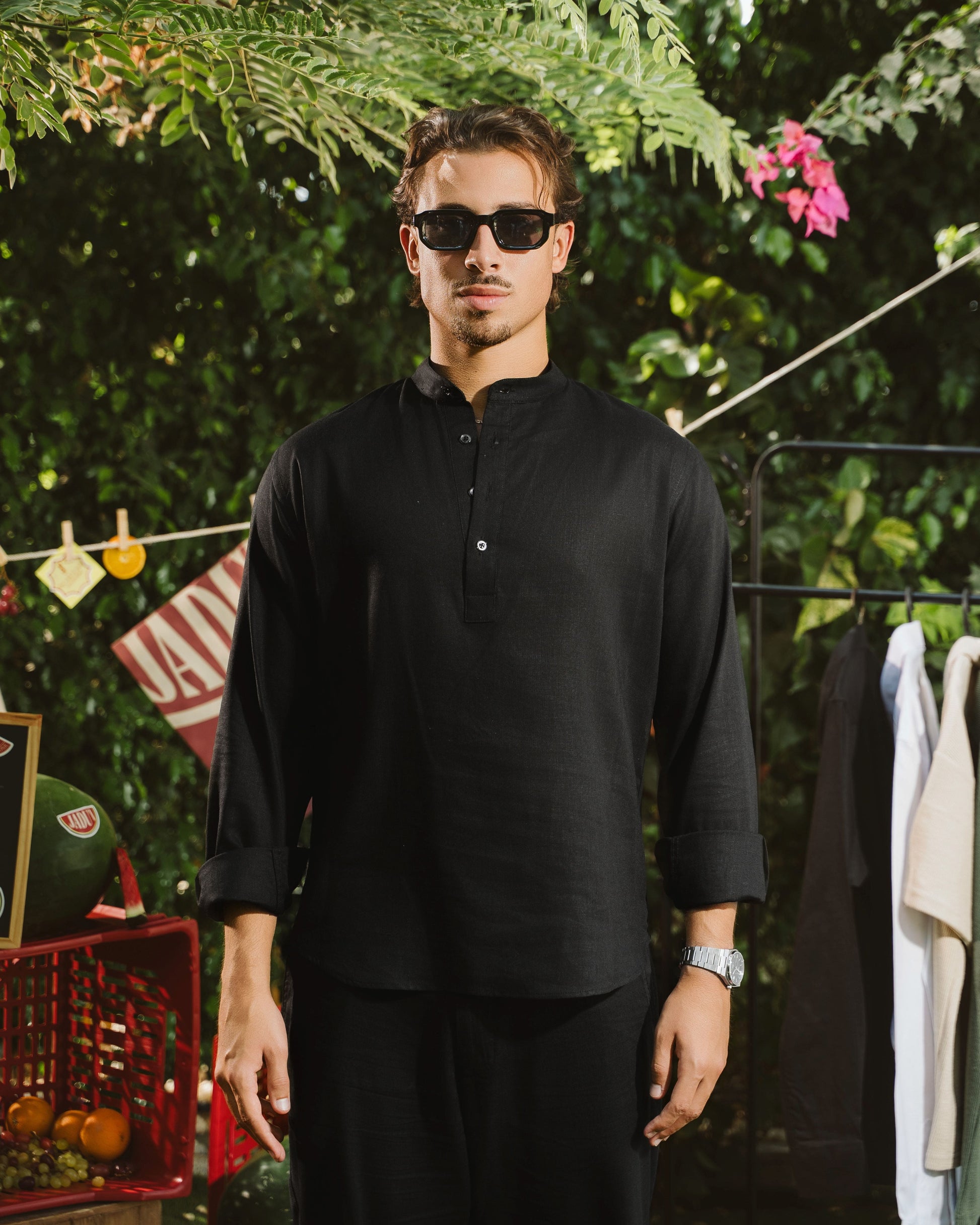 Black Linen Shirt Half-Placket