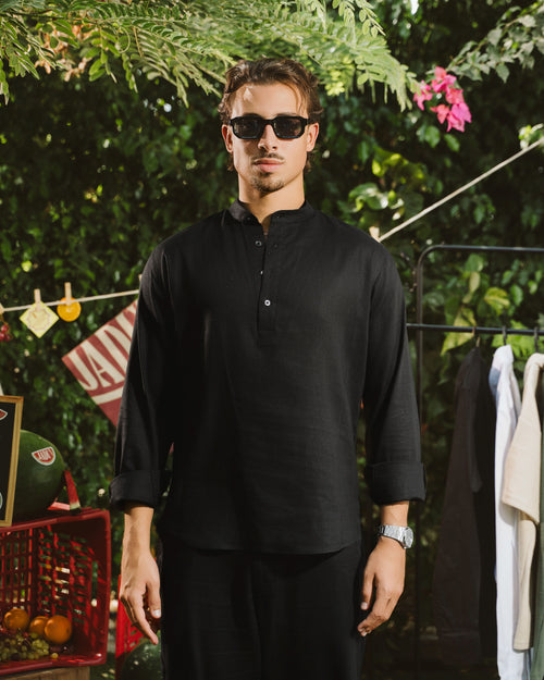 Black Linen Shirt Half-Placket