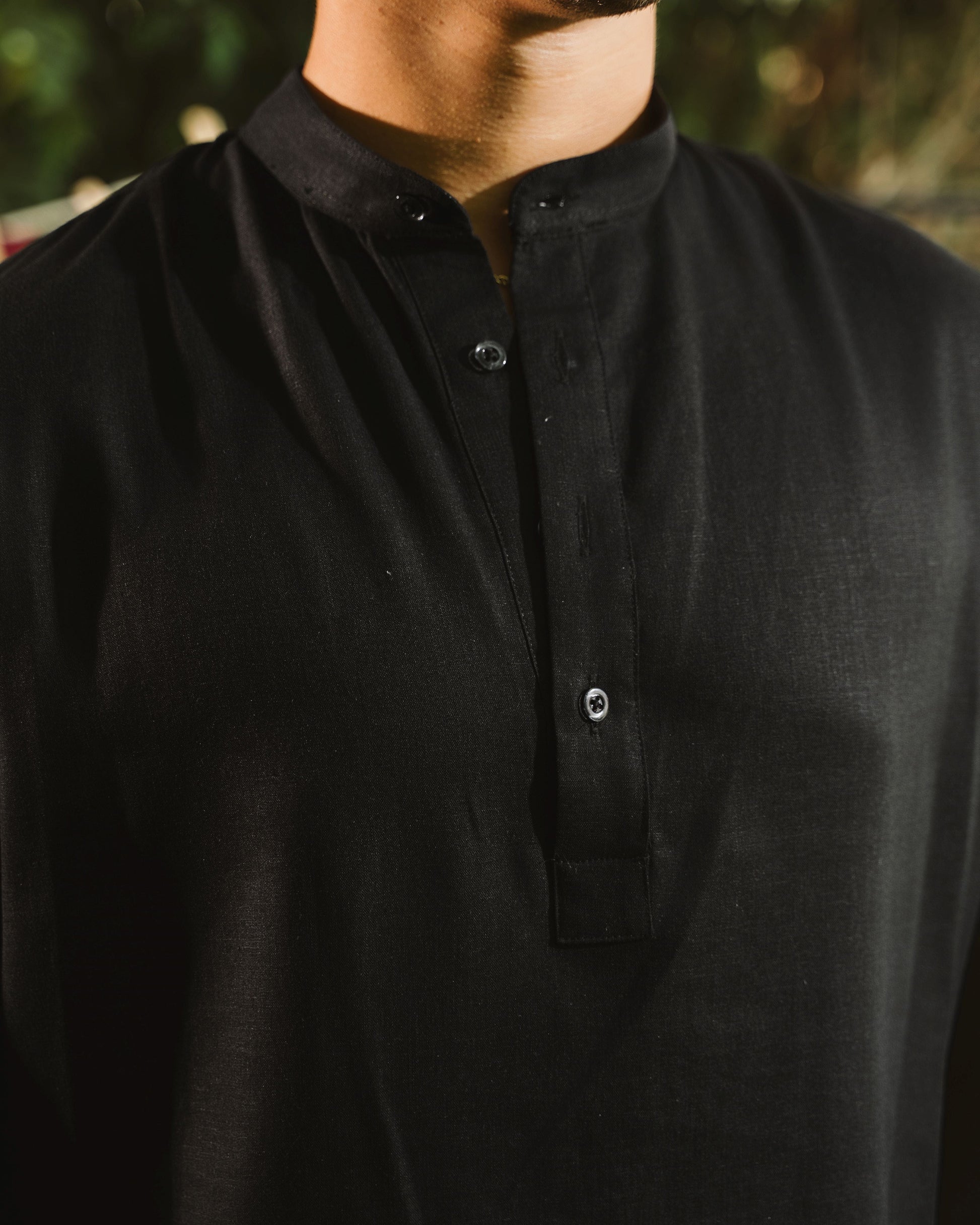 Black Linen Shirt Half-Placket