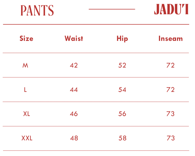 Black Linen Pants size chart